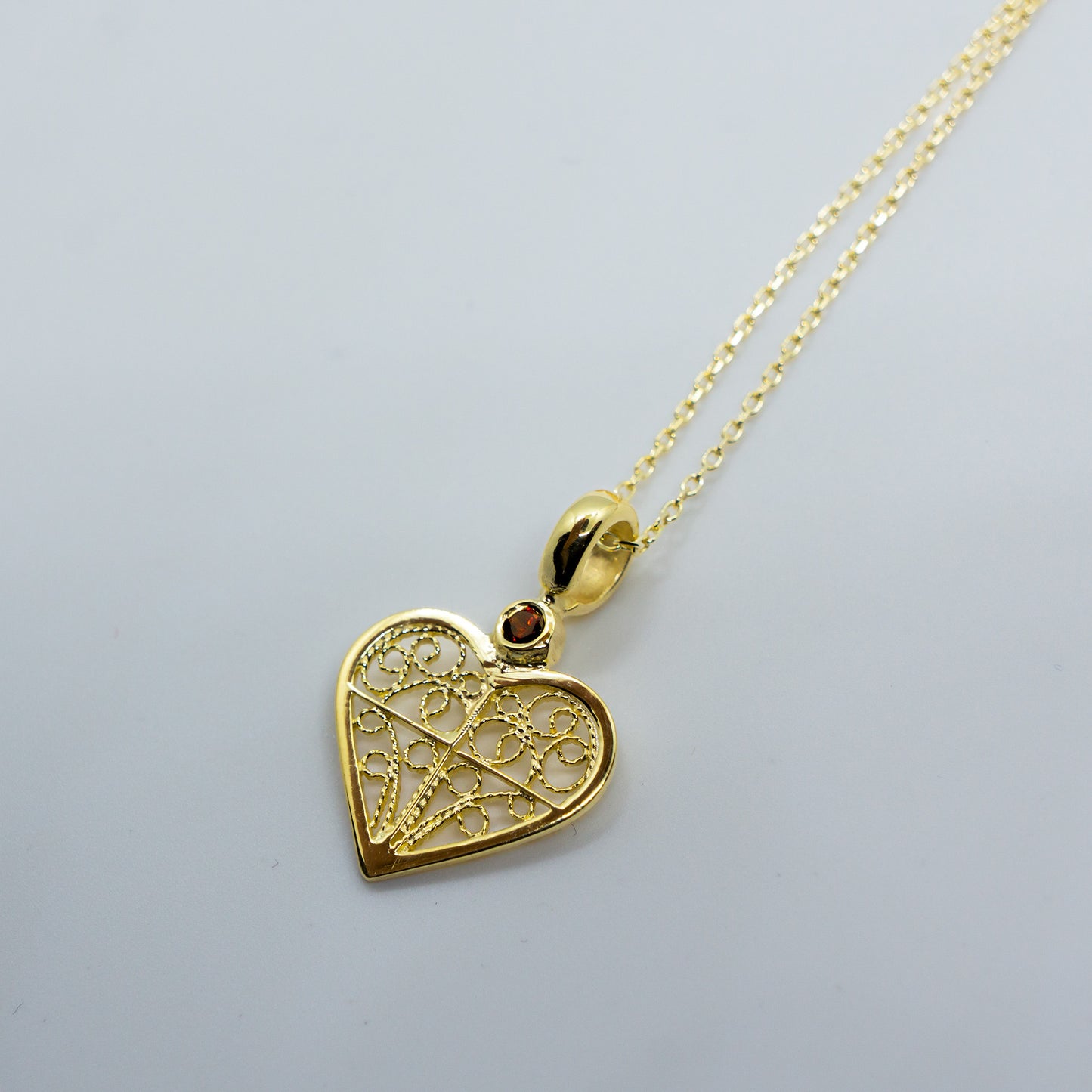 Alice Heart Necklace – Garnet & Filigree in Silver or Gold Vermeil