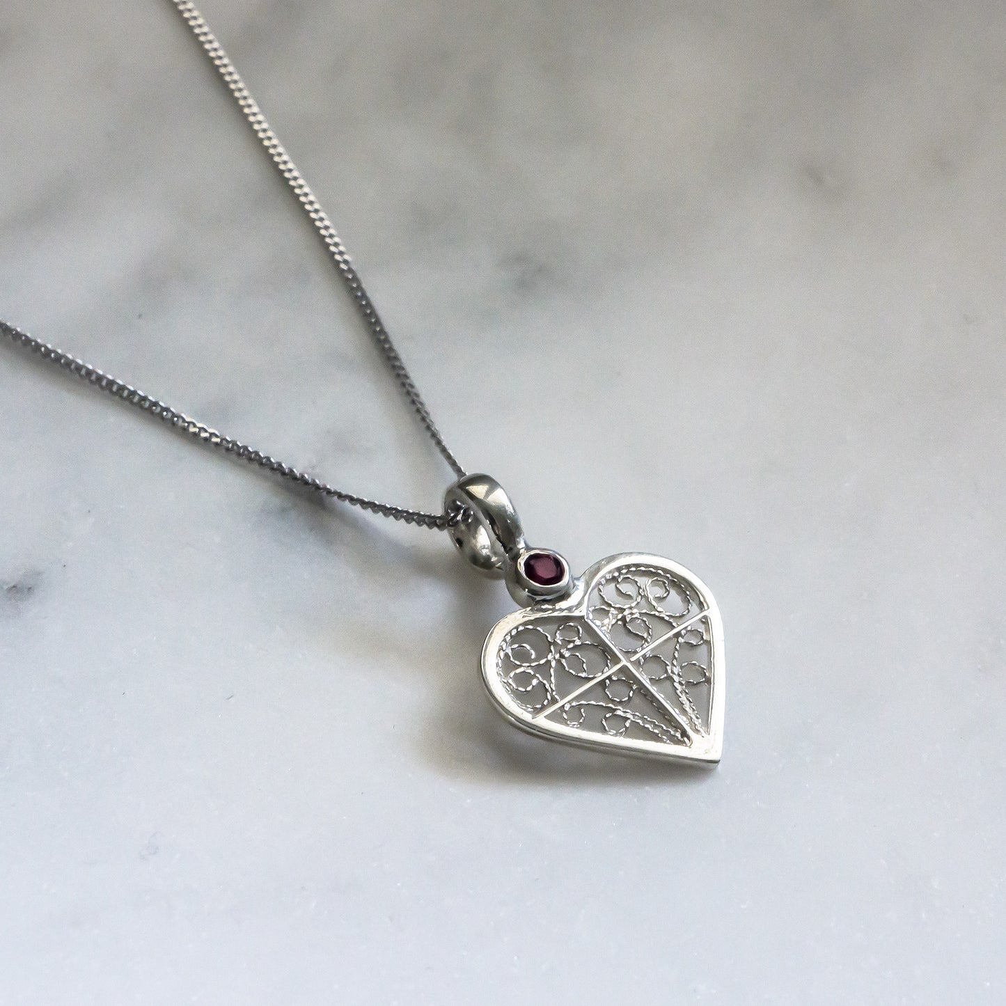 Alice Heart Necklace – Garnet & Filigree in Silver or Gold Vermeil