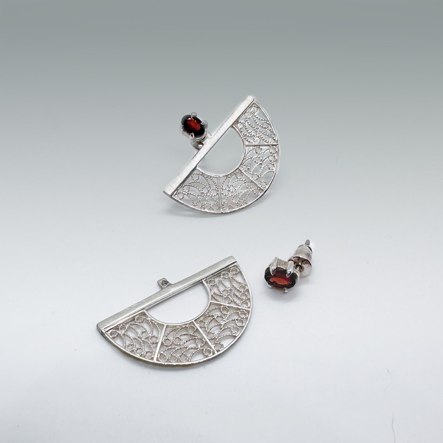 SOL 180 Ear Jackets – Garnet & Filigree in Sterling Silver