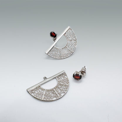 SOL 180 Ear Jackets – Garnet & Filigree in Sterling Silver