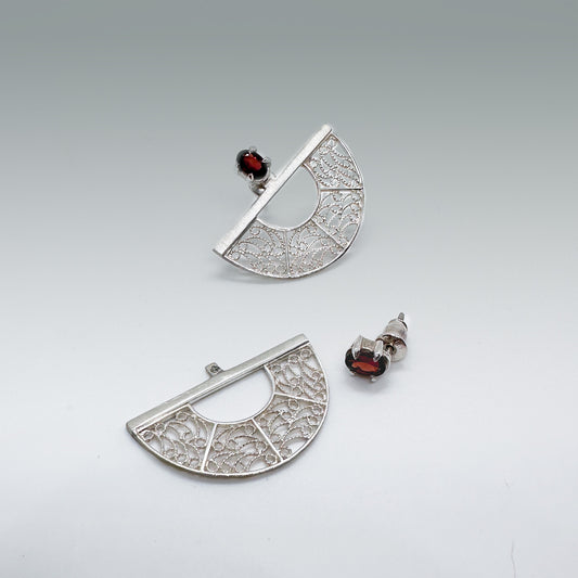 SOL 180 Ear Jackets – Garnet & Filigree in Sterling Silver